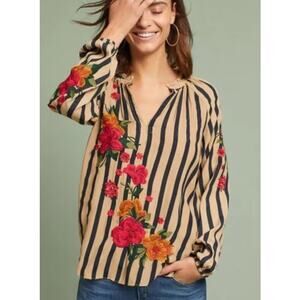 Akemi+Kin Anthropologie Sz XS Manuela‎ Embroidered Blouse Tan Black Long Sleeves
